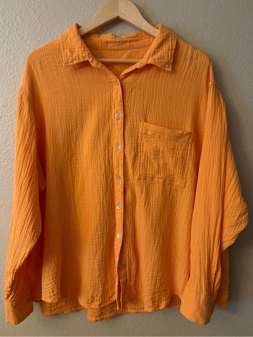 Orange Gauze Cotton Button Down Shirt Oversized Coastal Beach Casual
